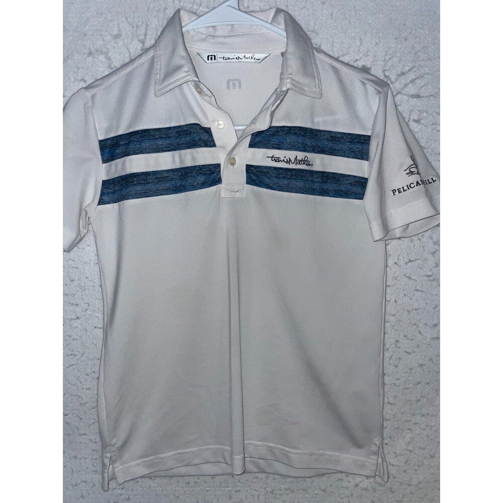 Travis Mathew Boys Size S Polo Shirt White Blue Stripe Pelican Hill
